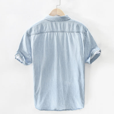 Camisa Denim Manga Corta Hombre Algodón Puro Lavado Retro Japonés - Image 14