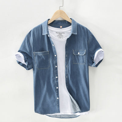 Camisa Denim Manga Corta Hombre Algodón Puro Lavado Retro Japonés - Image 13