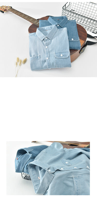 Camisa Denim Manga Corta Hombre Algodón Puro Lavado Retro Japonés - Image 15