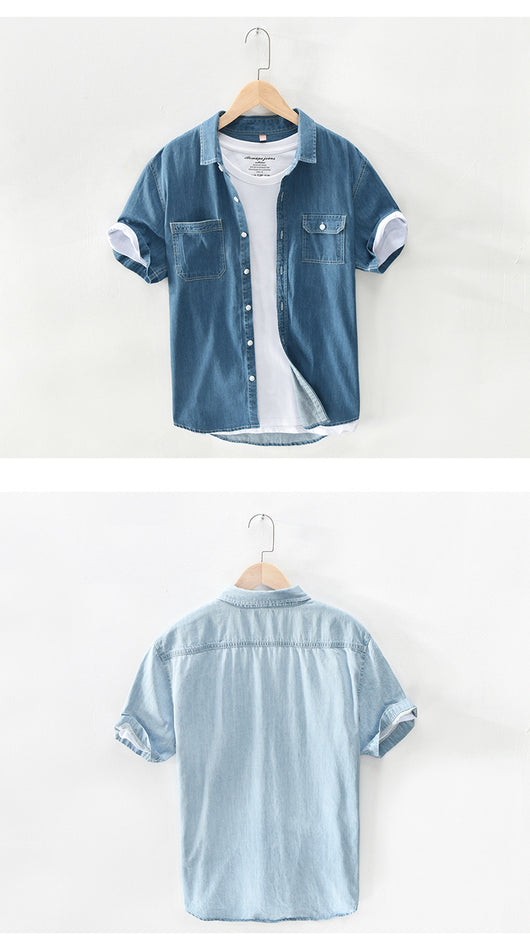Camisa Denim Manga Corta Hombre Algodón Puro Lavado Retro Japonés - Image 7