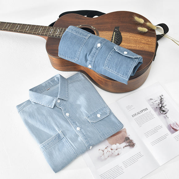 Camisa Denim Manga Corta Hombre Algodón Puro Lavado Retro Japonés