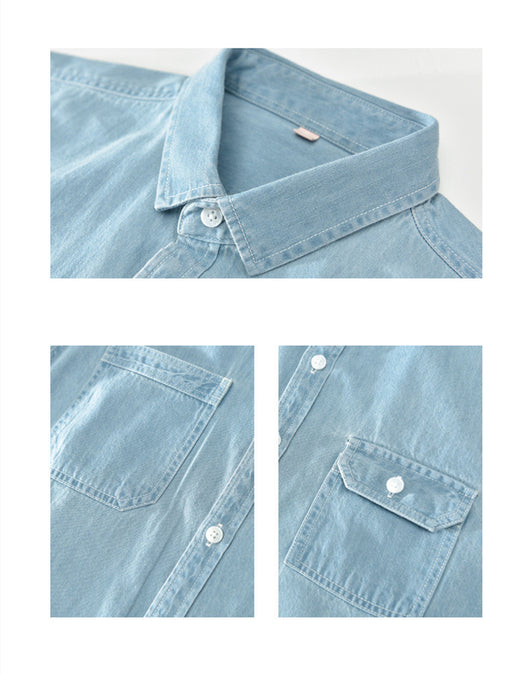 Camisa Denim Manga Corta Hombre Algodón Puro Lavado Retro Japonés - Image 3
