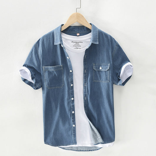 Camisa Denim Manga Corta Hombre Algodón Puro Lavado Retro Japonés - Image 6