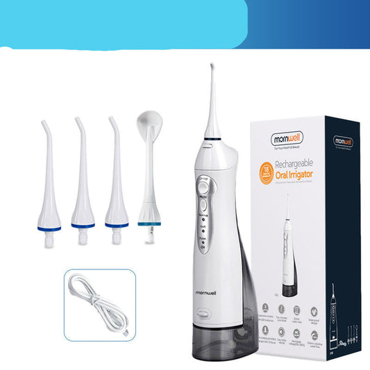 White Mornwell rechargeable oral irrigator with four nozzle attachments and a charging cable, next to its product box.