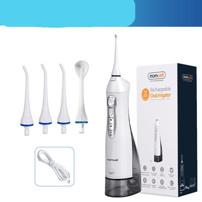White Mornwell rechargeable oral irrigator with four nozzle attachments and a charging cable, next to its product box.