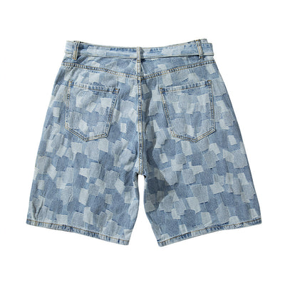 Shorts de Mezclilla Cuadros Azul Desteñido Estilo Urbano Europeo