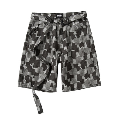 Shorts de Mezclilla Cuadros Azul Desteñido Estilo Urbano Europeo - Image 4