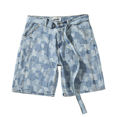 Shorts de Mezclilla Cuadros Azul Desteñido Estilo Urbano Europeo - Image 3