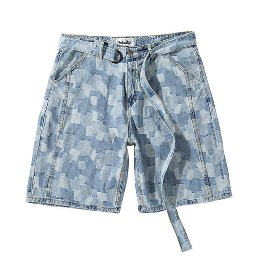 Shorts de Mezclilla Cuadros Azul Desteñido Estilo Urbano Europeo - Image 3