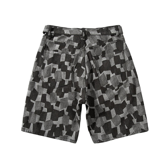 Shorts de Mezclilla Cuadros Azul Desteñido Estilo Urbano Europeo