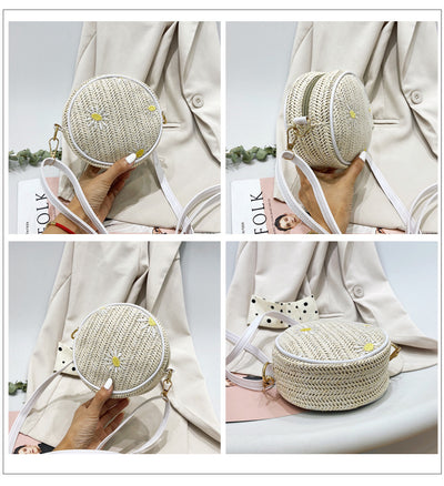 Bolsa Tejida de Paja Redonda Roja con Bordado - Bandolera Elegante para Mujer - Image 9
