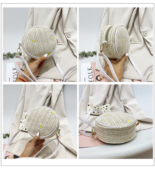 Bolsa Tejida de Paja Redonda Roja con Bordado - Bandolera Elegante para Mujer - Image 9