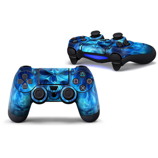 Two PS4 controllers with a black and white skull pattern PVC sticker, one facing front and one angled. - Image 2