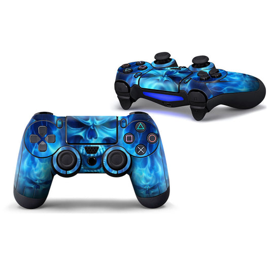 Two PS4 controllers with a black and white skull pattern PVC sticker, one facing front and one angled. - Image 2