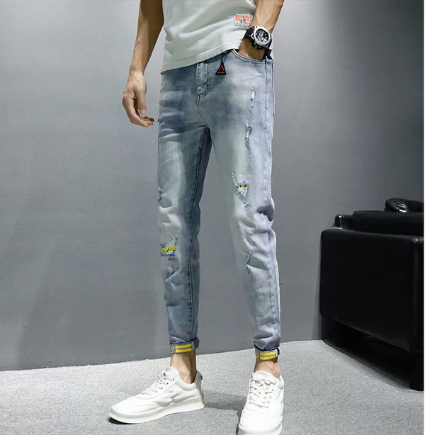 Pantalones Vaqueros Rotos Hombre Verano Corte Coreano Ajustado Tendencia