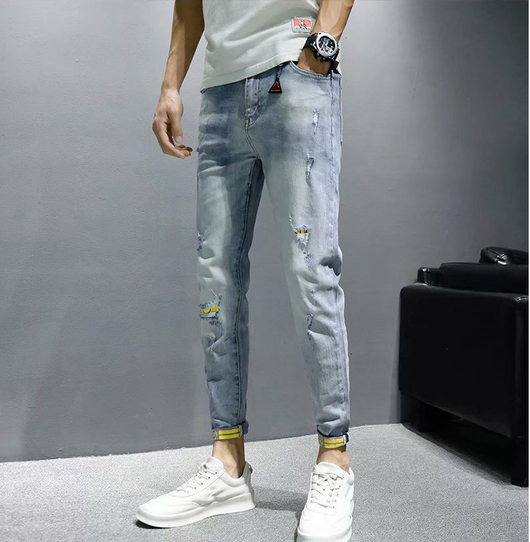 Pantalones Vaqueros Rotos Hombre Verano Corte Coreano Ajustado Tendencia