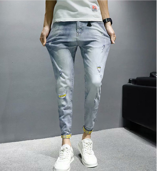 Pantalones Vaqueros Rotos Hombre Verano Corte Coreano Ajustado Tendencia - Image 3