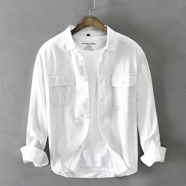 Camisa Blanca Suelta Estilo Hong Kong para Hombre - Algodón Manga Larga Casual