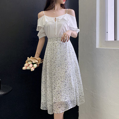 Vestido Camisola Fruncido Fuera del Hombro con Cintura Ajustada