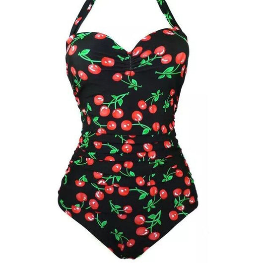 Traje de Baño Enterizo Talla Grande Escote Halter Lunares con Fruncido