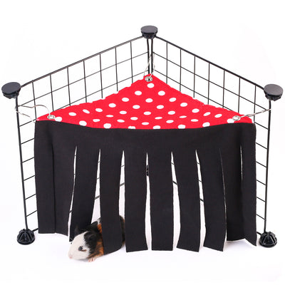 Blue and gray pet hammock with tassels hanging in a black wire cage, with a small hamster peeking out. - Image 13