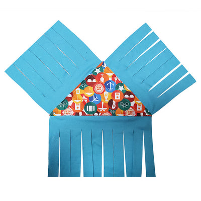 Blue and gray pet hammock with tassels hanging in a black wire cage, with a small hamster peeking out. - Image 7