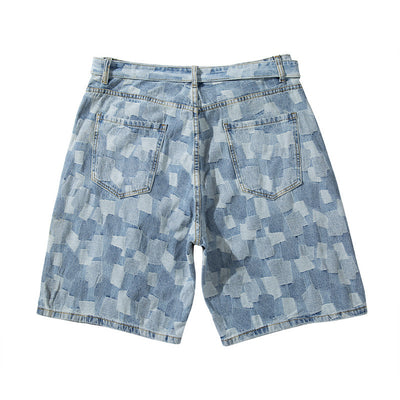 Shorts de Mezclilla Cuadros Azul Desteñido Estilo Urbano Europeo - Image 10