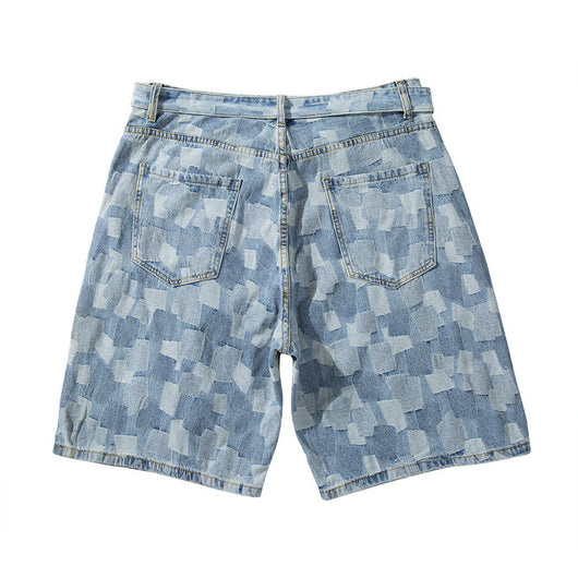 Shorts de Mezclilla Cuadros Azul Desteñido Estilo Urbano Europeo - Image 10
