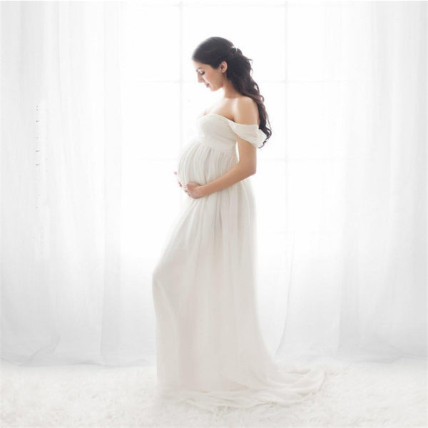 Vestido Embarazo Blanco Gasa Escote Corazón para Sesión Fotográfica