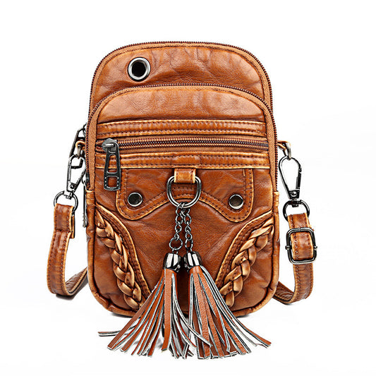 Bolso Cuadrado de Cuero Lavable con Borlas - Cartera Versátil para Teléfono y Monedas