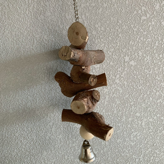 Natural wood parrot vine molar string with a bell, hanging inside a wire bird cage for chewing and play. - Image 6
