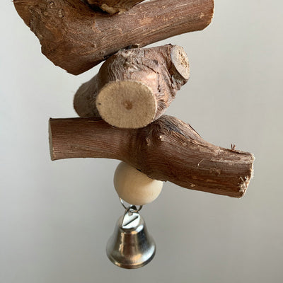 Natural wood parrot vine molar string with a bell, hanging inside a wire bird cage for chewing and play. - Image 10