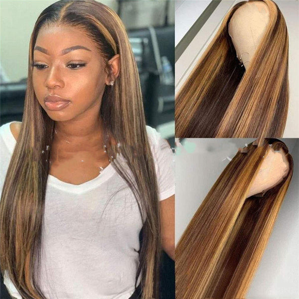 Peluca Degradado Marrón-Dorado Cabello Liso Fibra Sintética Premium