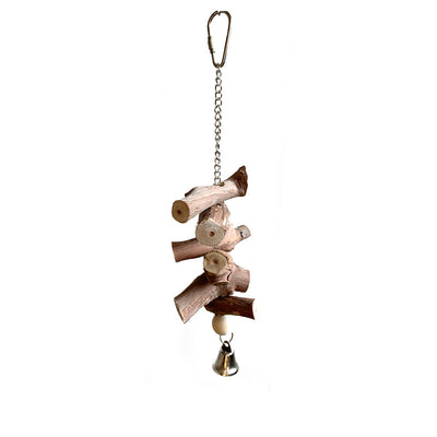 Natural wood parrot vine molar string with a bell, hanging inside a wire bird cage for chewing and play. - Image 3