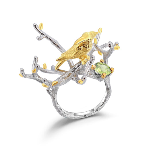 Anillo de Cristal Vintage con Elemento Pájaro y Flor - Estilo Retro Europeo