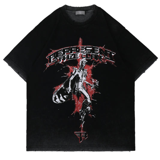 Camiseta Hip-hop Vintage Desgastada Suelta de Algodón para Hombre