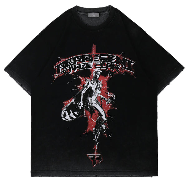 Camiseta Hip-hop Vintage Desgastada Suelta de Algodón para Hombre