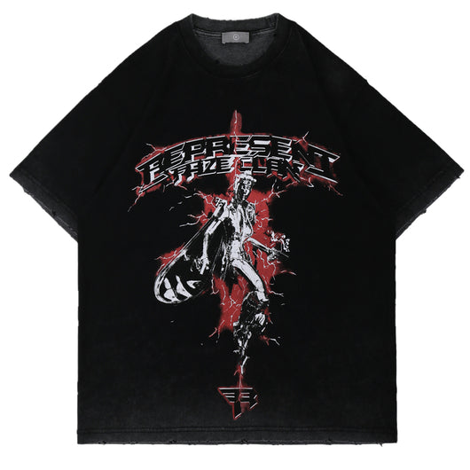 Camiseta Hip-hop Vintage Desgastada Suelta de Algodón para Hombre