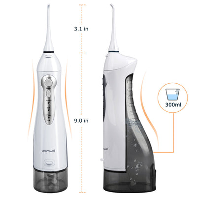 White Mornwell rechargeable oral irrigator with four nozzle attachments and a charging cable, next to its product box. - Image 12