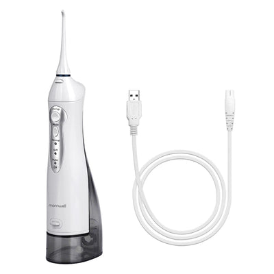 White Mornwell rechargeable oral irrigator with four nozzle attachments and a charging cable, next to its product box. - Image 5