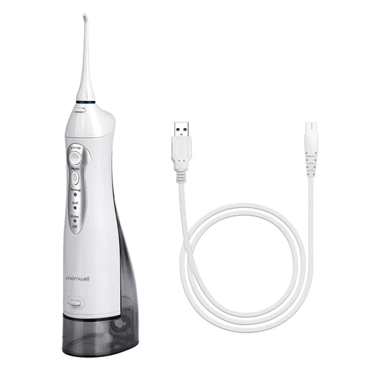 White Mornwell rechargeable oral irrigator with four nozzle attachments and a charging cable, next to its product box. - Image 5
