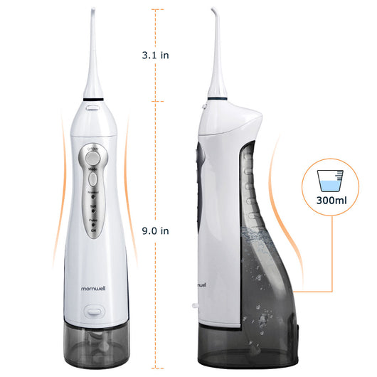White Mornwell rechargeable oral irrigator with four nozzle attachments and a charging cable, next to its product box. - Image 4
