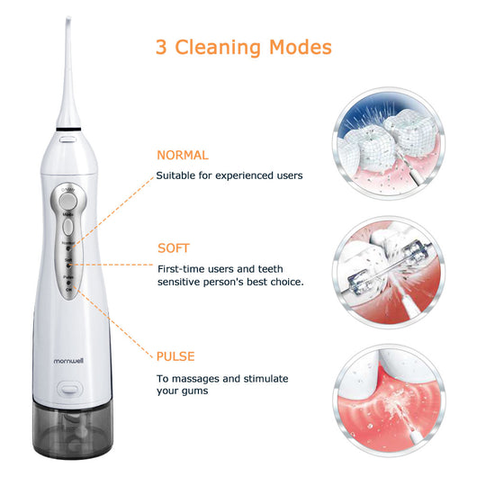 White Mornwell rechargeable oral irrigator with four nozzle attachments and a charging cable, next to its product box. - Image 6