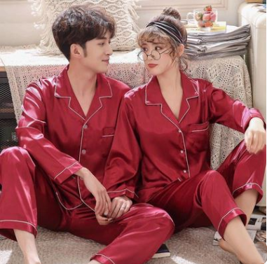 Pijama de Pareja Nupcial en Seda de Hielo - Conjunto Primavera Otoño Rojo para Novia y Novio - Image 6