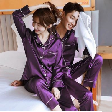 Pijama de Pareja Nupcial en Seda de Hielo - Conjunto Primavera Otoño Rojo para Novia y Novio