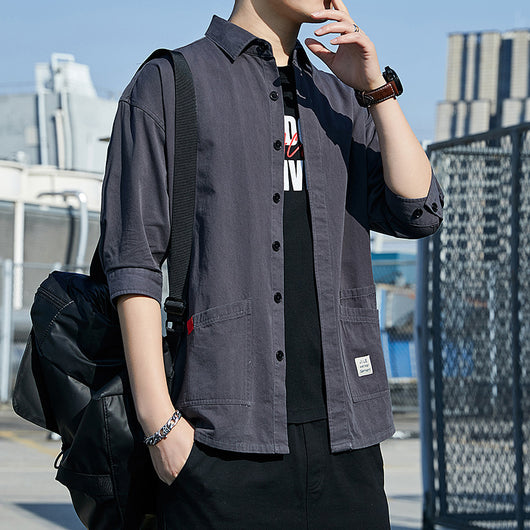 Camisa Suelta de Verano Coreana Manga 7/8 Estilo Hong Kong para Hombre - Image 5