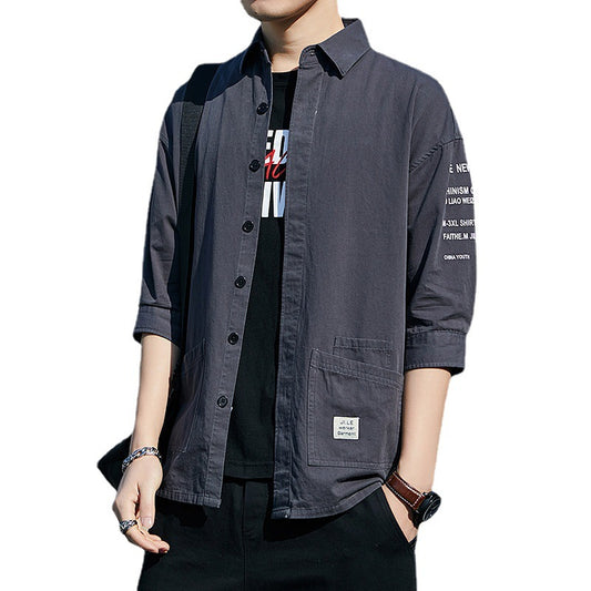 Camisa Suelta de Verano Coreana Manga 7/8 Estilo Hong Kong para Hombre