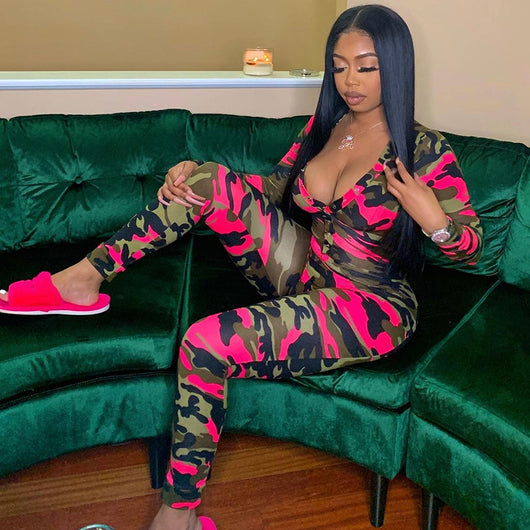 Pijama Enterizo Estampado Camuflaje Cuello en V Sexy - Image 10