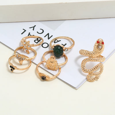 Juego de 7 Anillos Articulados con Diamantes y Serpiente Esmeralda - Image 11