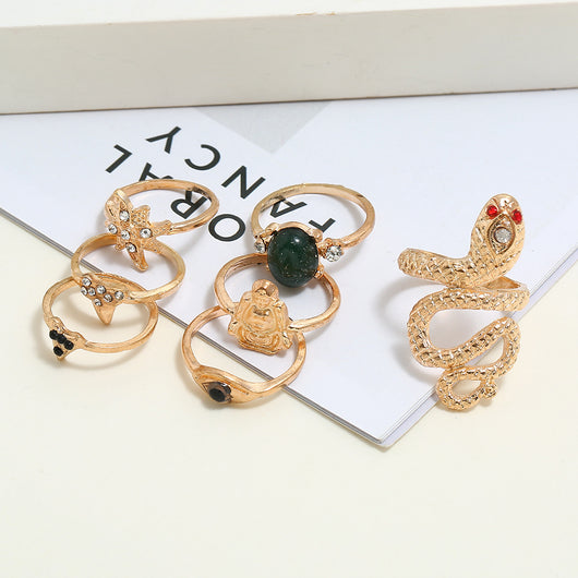 Juego de 7 Anillos Articulados con Diamantes y Serpiente Esmeralda - Image 11